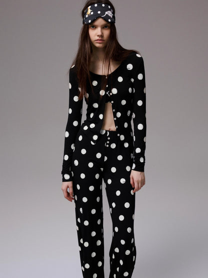 Polka Dot Contrast Knit Cardigan &amp; Lounge Pants Set