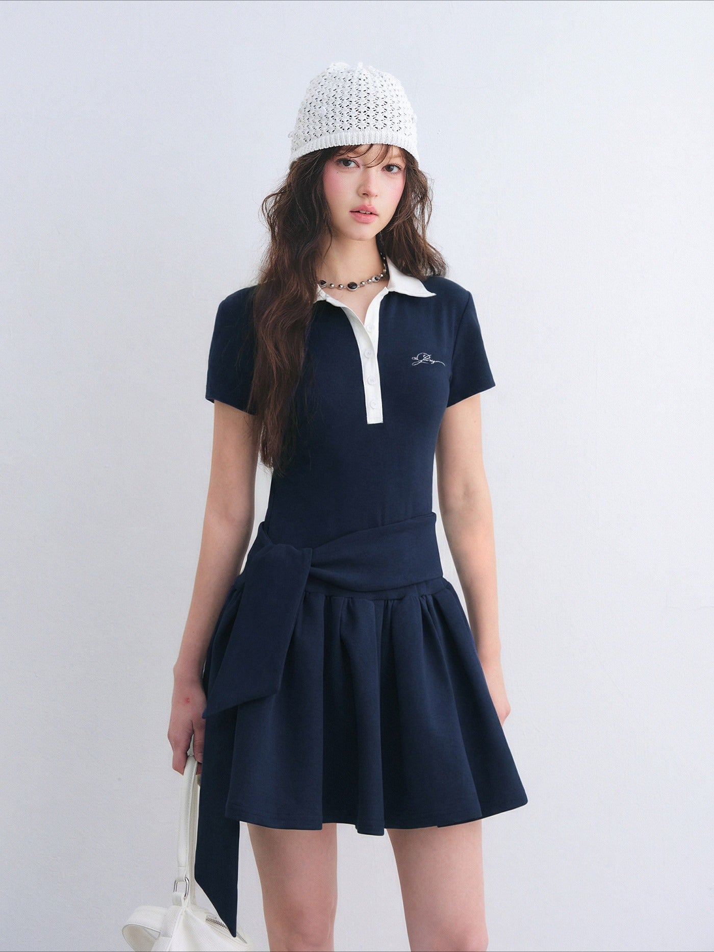 Contrast Polo Collar Puff Dress Two-Piece Set