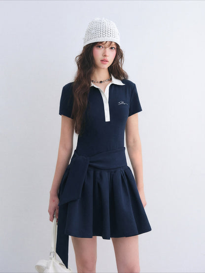 Contrast Polo Collar Puff Dress Two-Piece Set