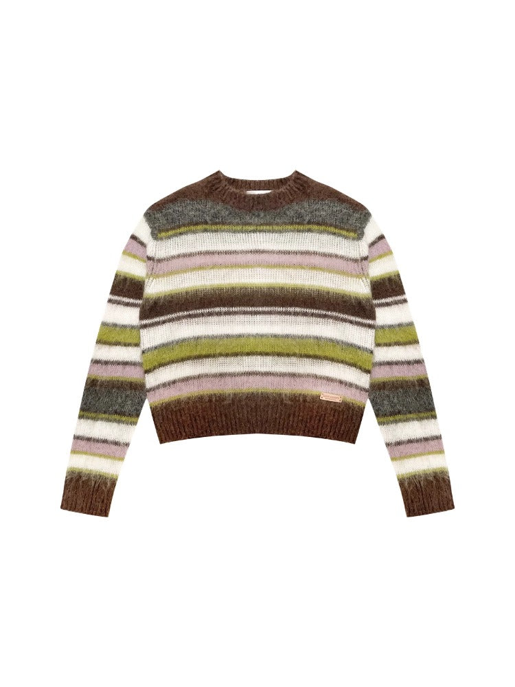 Color-Block Crew Neck Striped Knit Sweater