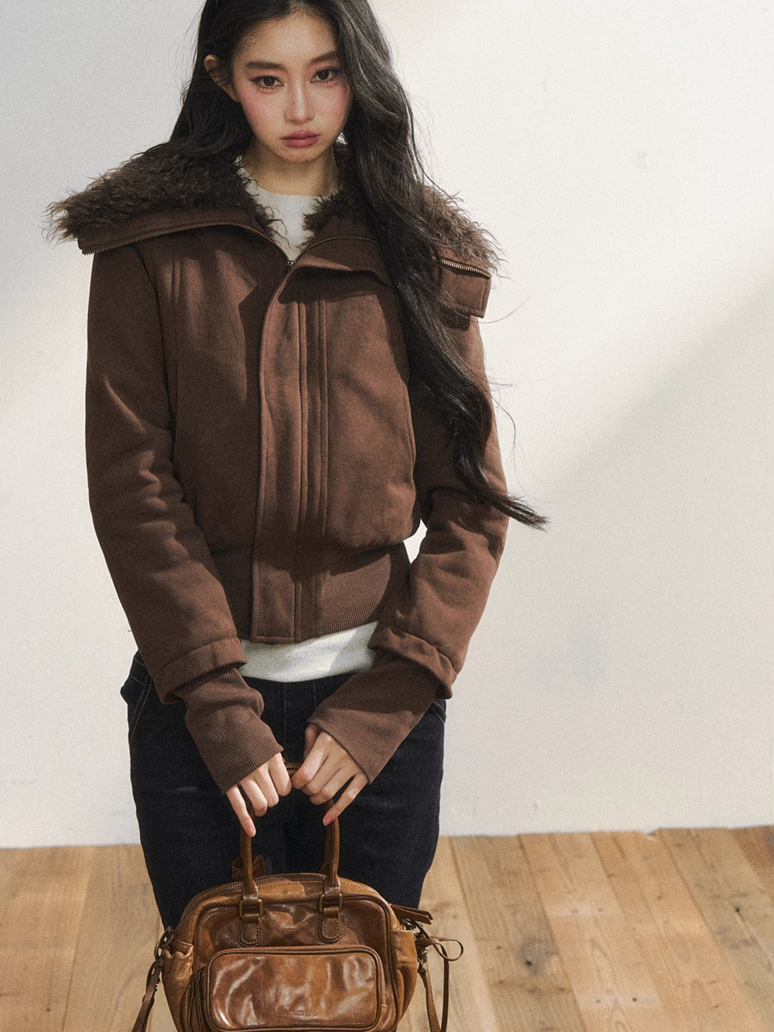 Faux Fur Collar Cropped Sweat Jacket