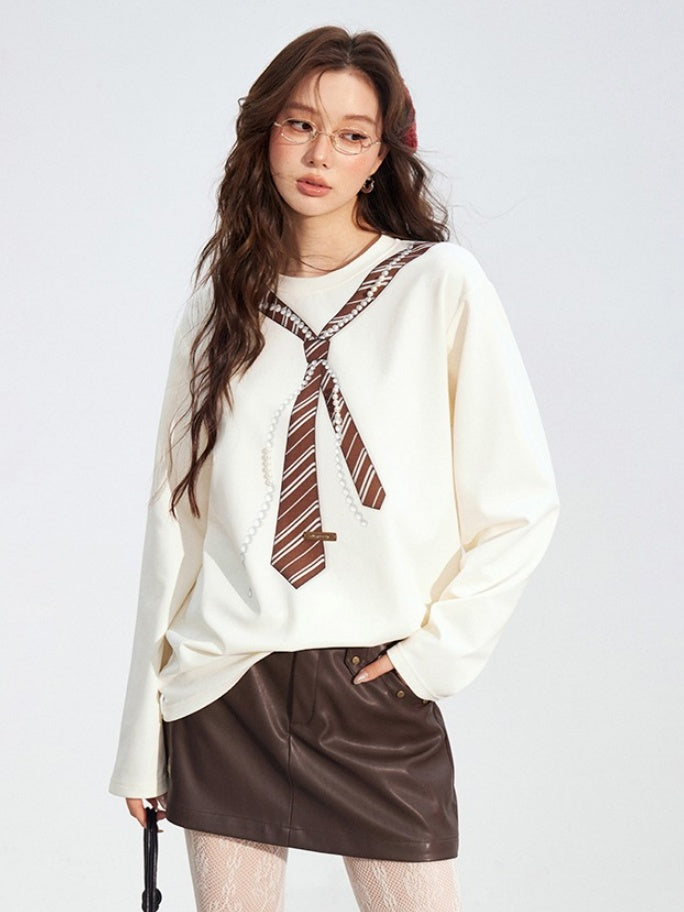 Pearl-Tie Printed Relaxed Long Sleeve T-Shirts