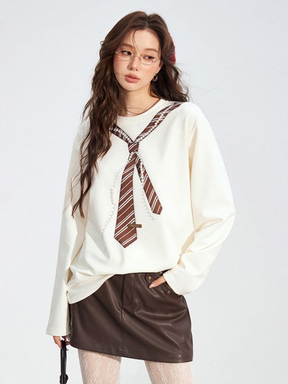 Pearl-Tie Printed Relaxed Long Sleeve T-Shirts
