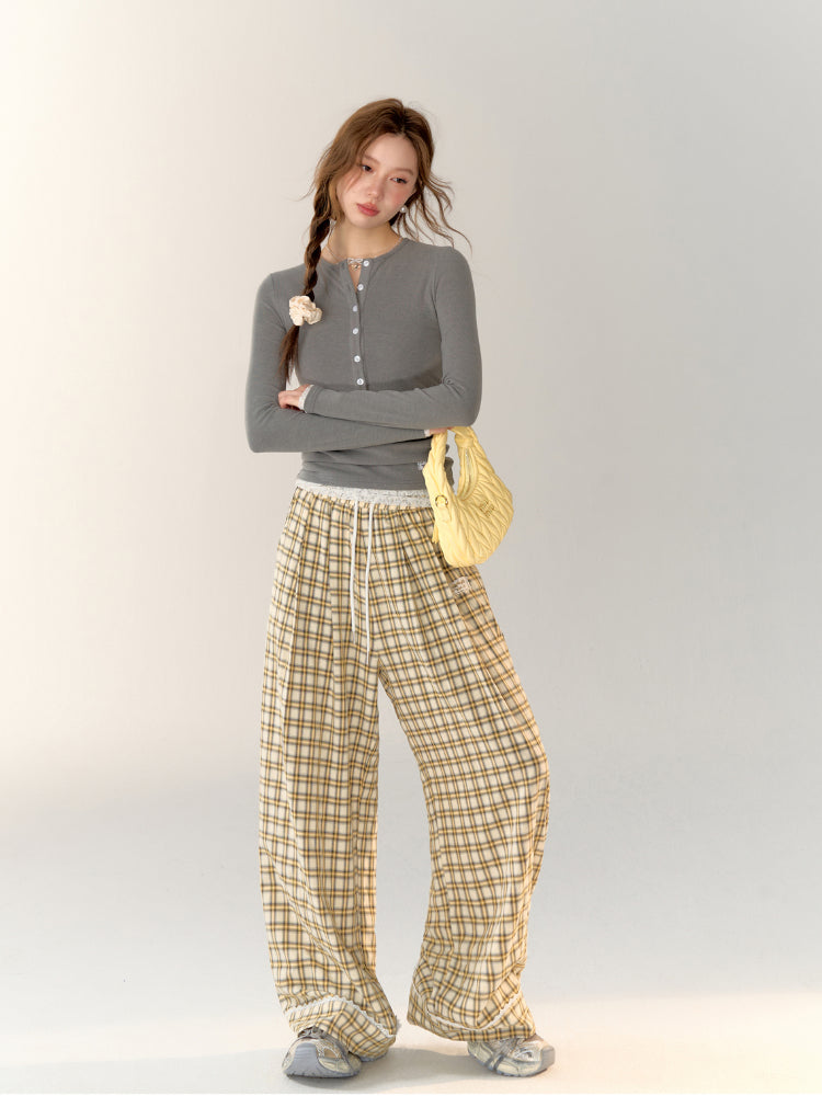 Lace-Trimmed Plaid Wide-Legged Pants