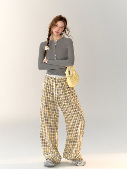 Lace-Trimmed Plaid Wide-Legged Pants