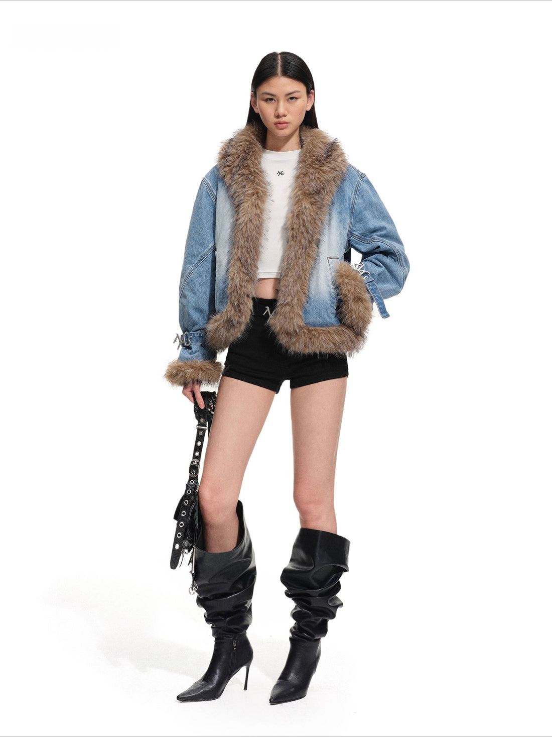 Faux-Fur Trim Washed Denim Jacket