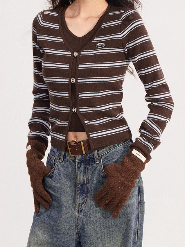 Layered-Effect Striped Knit V-Neck