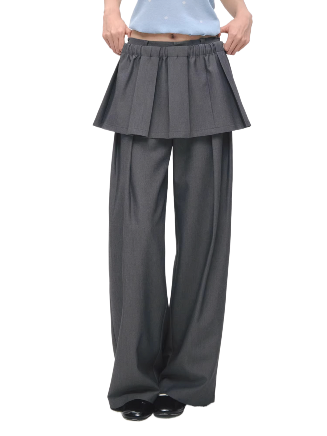 Detachable Pleated Overlay Tailored Wide-Leg Trousers