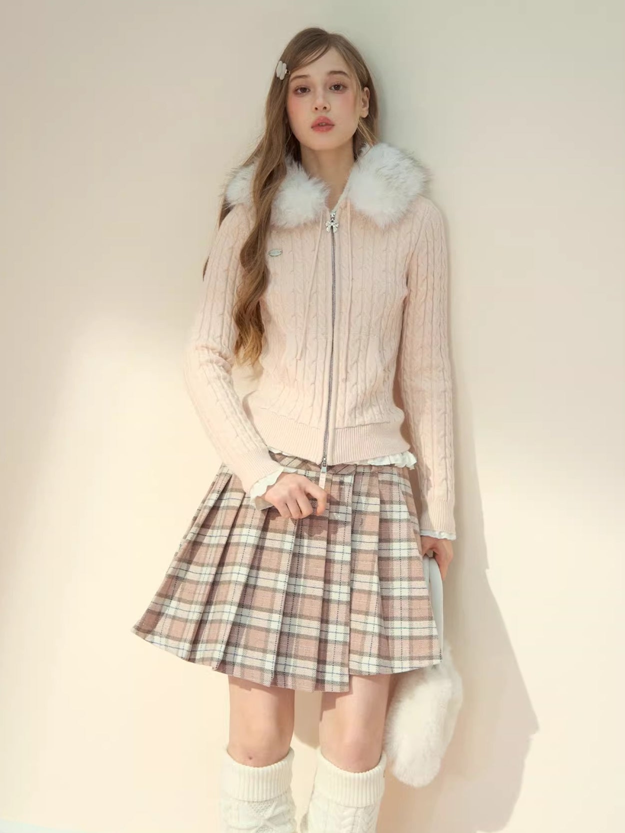 Detachable Fur Collar Blush Zip-up Knit Cardigan