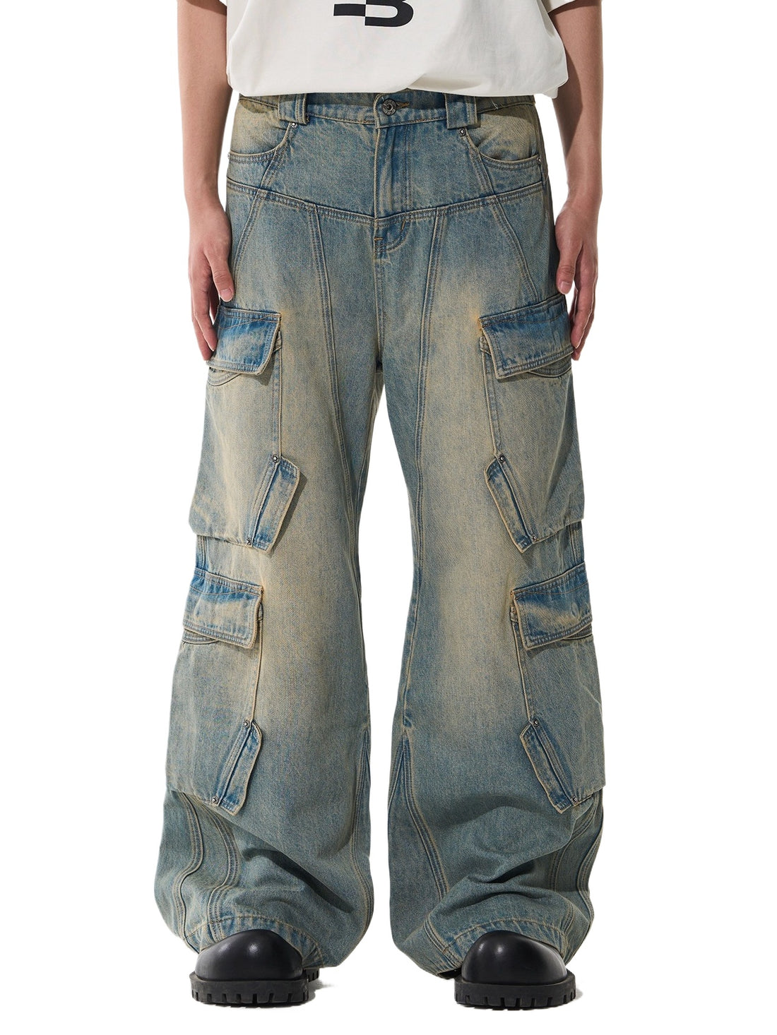 Washed Pocket-Panel Straight-Leg Denim Cargo Pants
