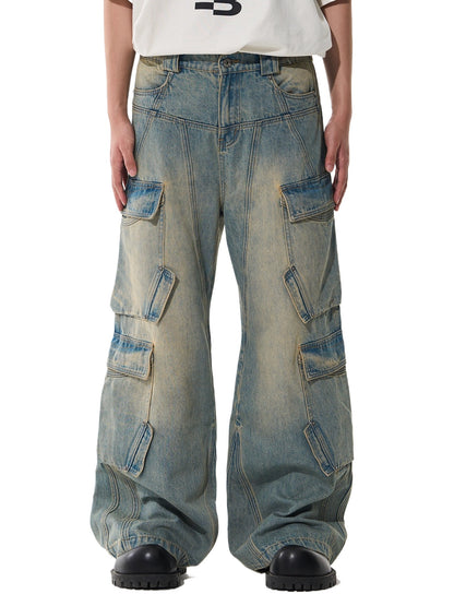 Washed Pocket-Panel Straight-Leg Denim Cargo Pants