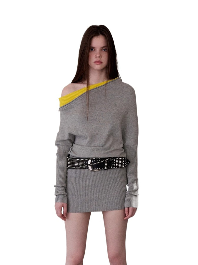 Asymmetric Contrast Knit Dress