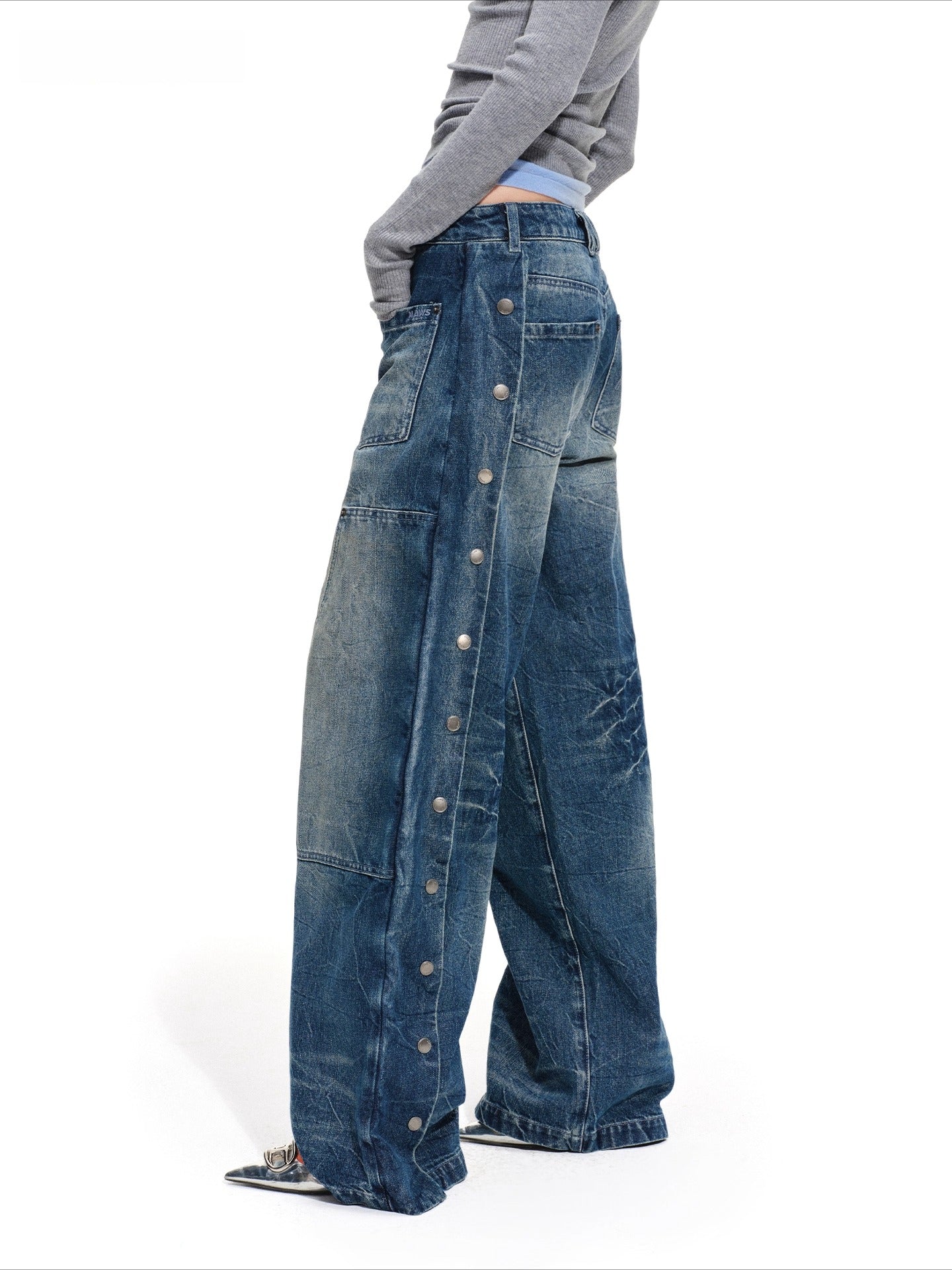 Wide-Leg Vintage Wash Denim Pants