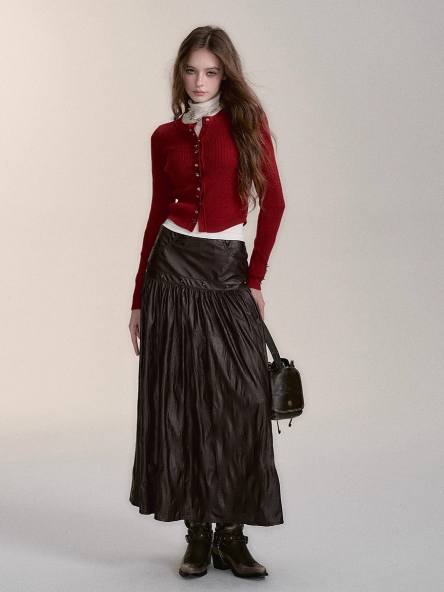 Dark Coffee PU Midi Skirt