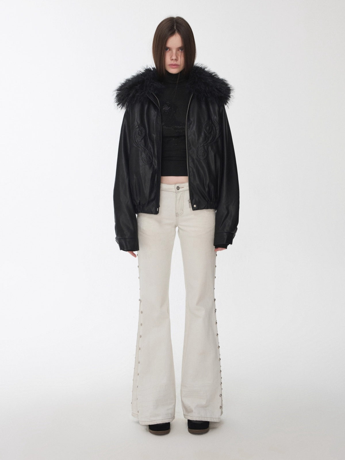 Embossed Faux Leather Puffer Detachable Fur Collar Jacket
