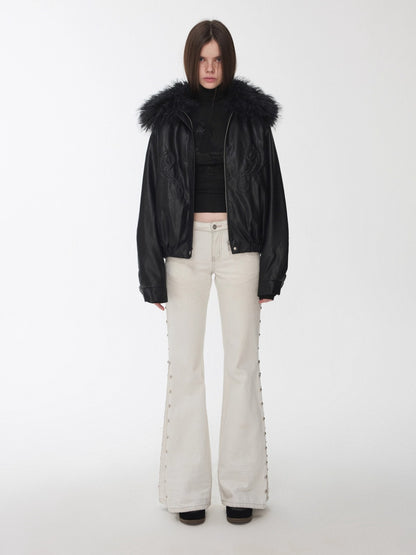 Embossed Faux Leather Puffer Detachable Fur Collar Jacket