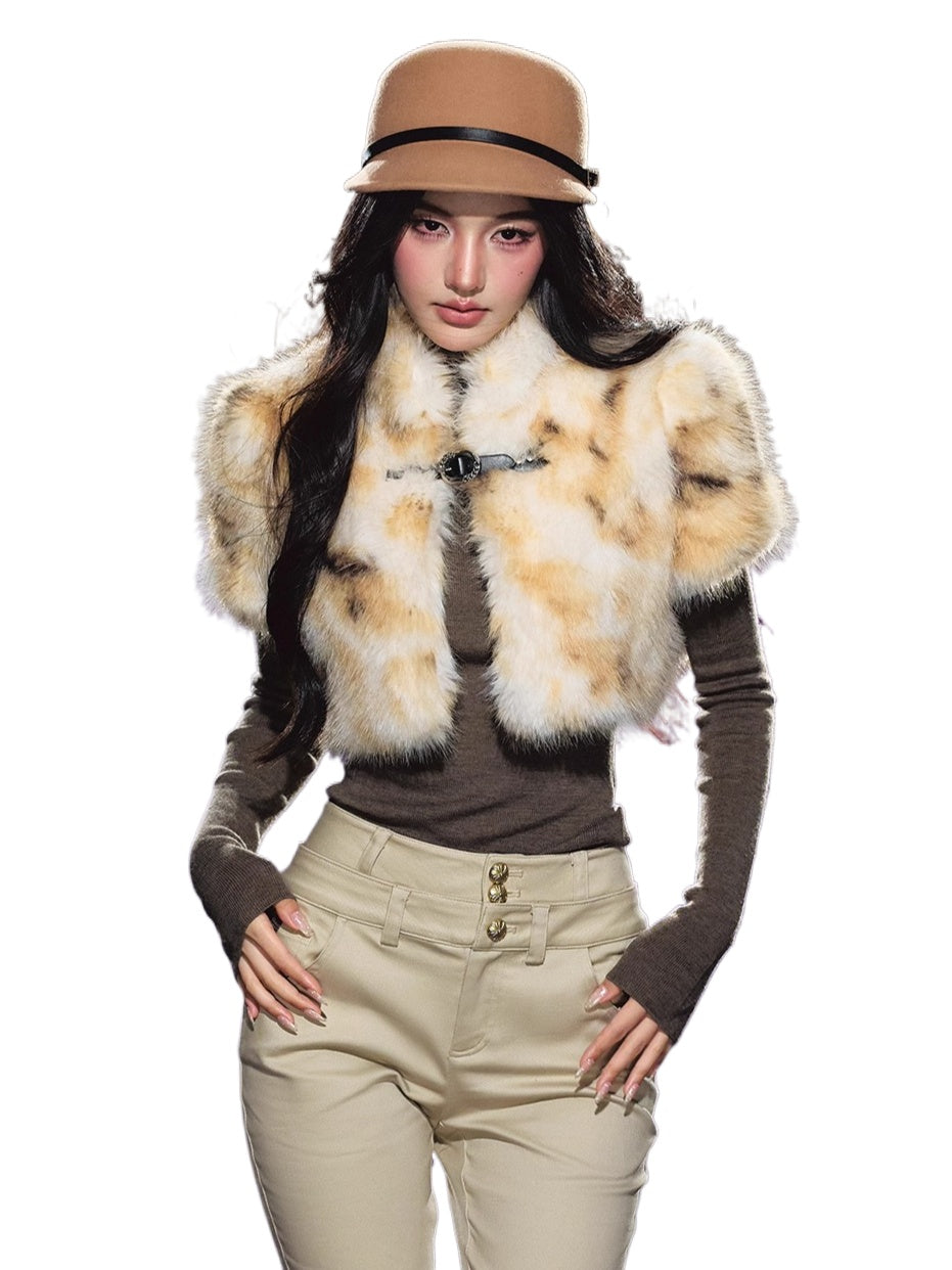 Ombre Short Faux Fur High-Neck Cropped Jacket