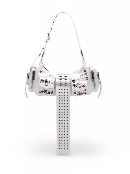 Graffiti-Print PU Cracked-Leather Bag