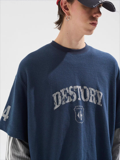 Faded Print Layered-Effect Patchwork Long Sleeve T-Shirt