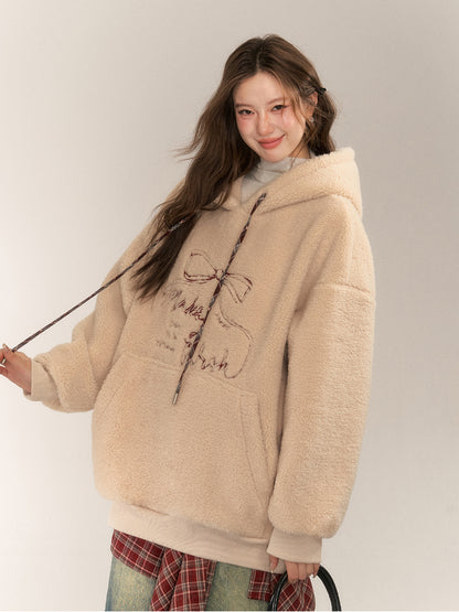 Color Block Bow Embroidery Lamb Wool Hoodie