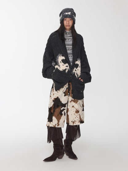 Pony Jacquard Horn-Button Chunky Cardigan