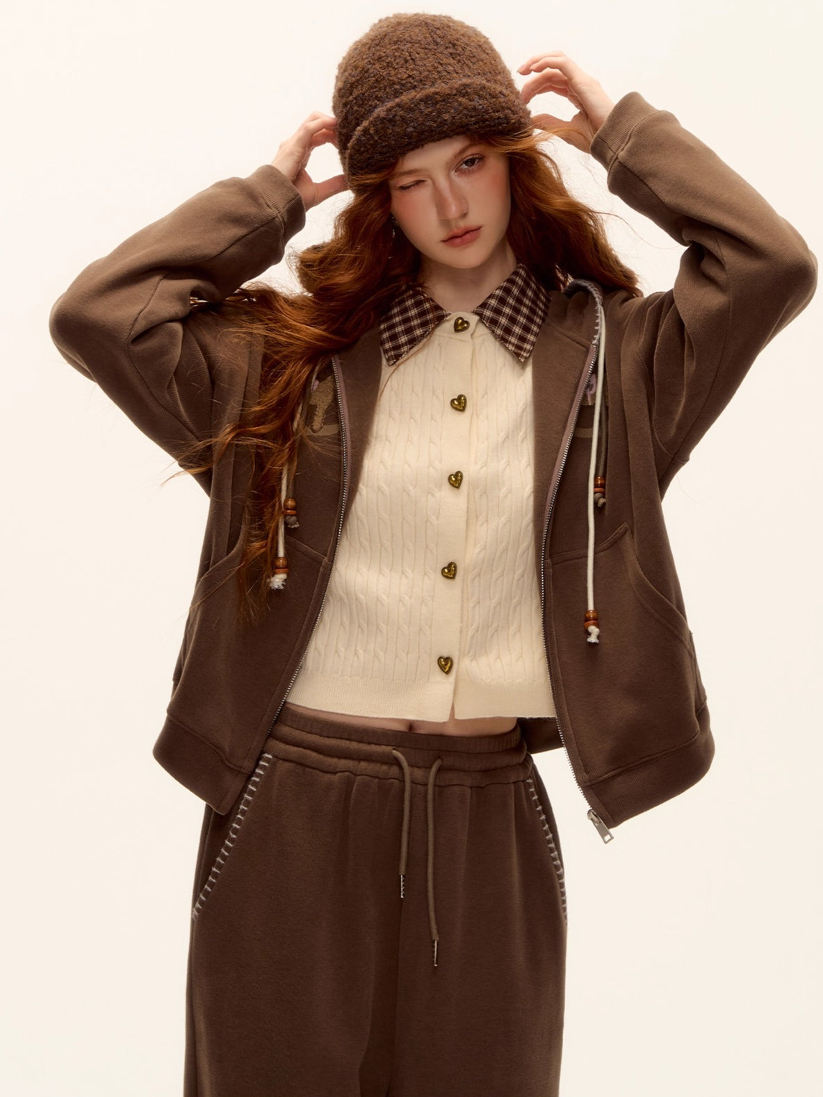 Embroidered Horse Beaded Zip-up Hoodie &amp; Pants Set