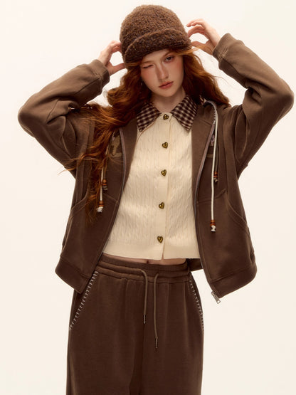 Embroidered Horse Beaded Zip-up Hoodie &amp; Pants Set