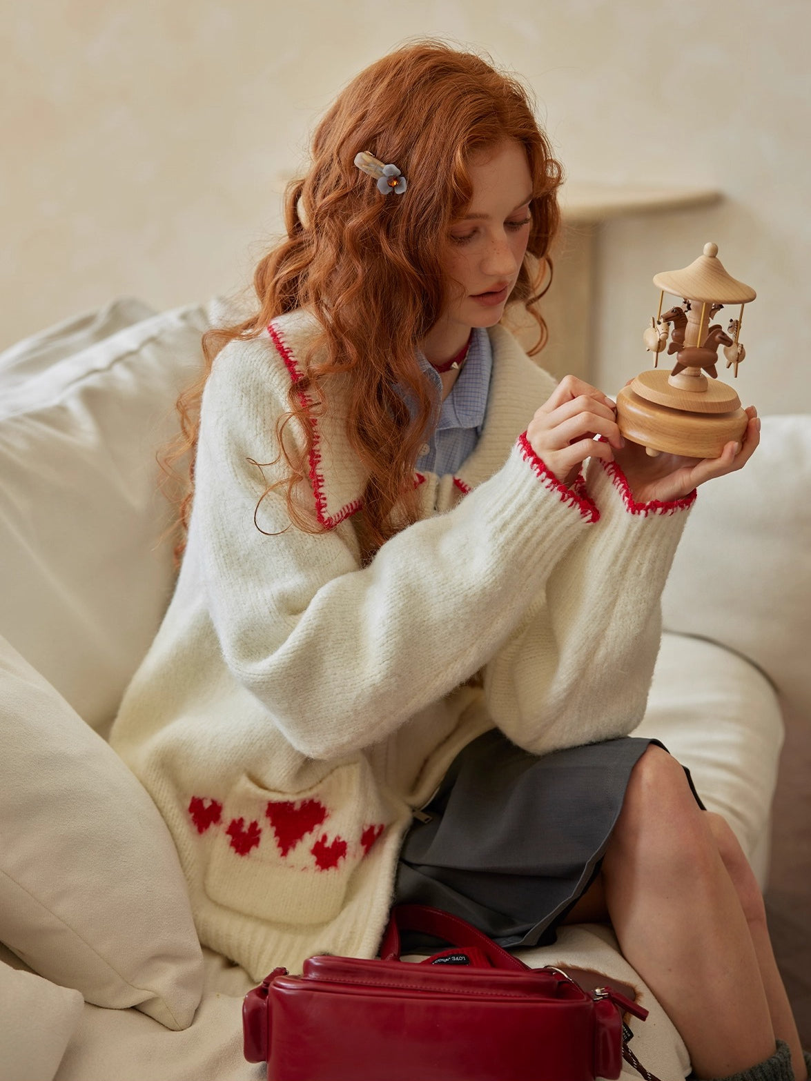 Contrast-Trim Pony Jacquard Zip-Up Knit Cardigan