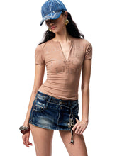 Floral Letter V-Neck Hidden Zip Hot-Fix T-Shirt - CHINASQUAD