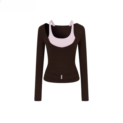 Belted Contrast Panel Knit Layered T-Shirt