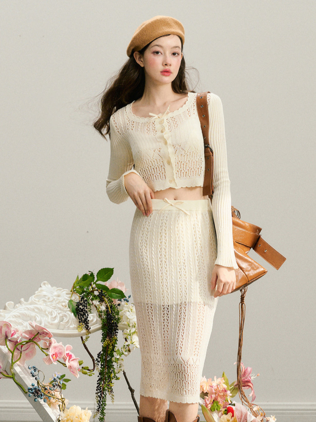 Beige Knitted Lightweight Midi Skirt