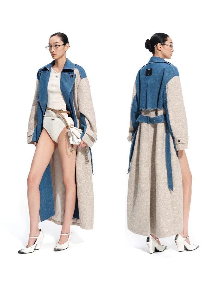 “Caracal Series” Washed Twill Patchwork Wool Denim Trench Coat