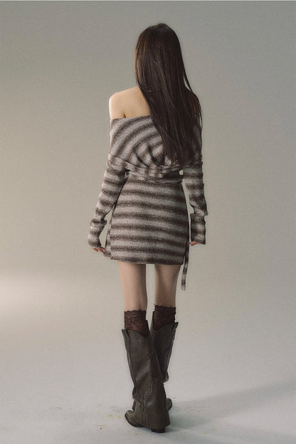 (Final Sale) Grey &amp; Khaki Striped Knit Sweater Dress - CHINASQUAD