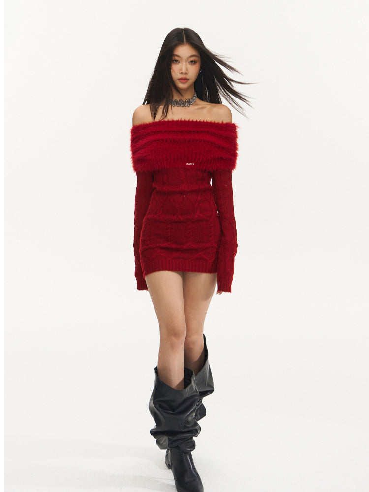 Red Off-Shoulder Mohair Knitted Dress