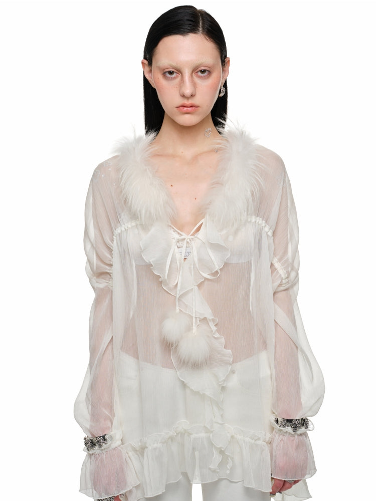 Chiffon and Fur Panel Shirt