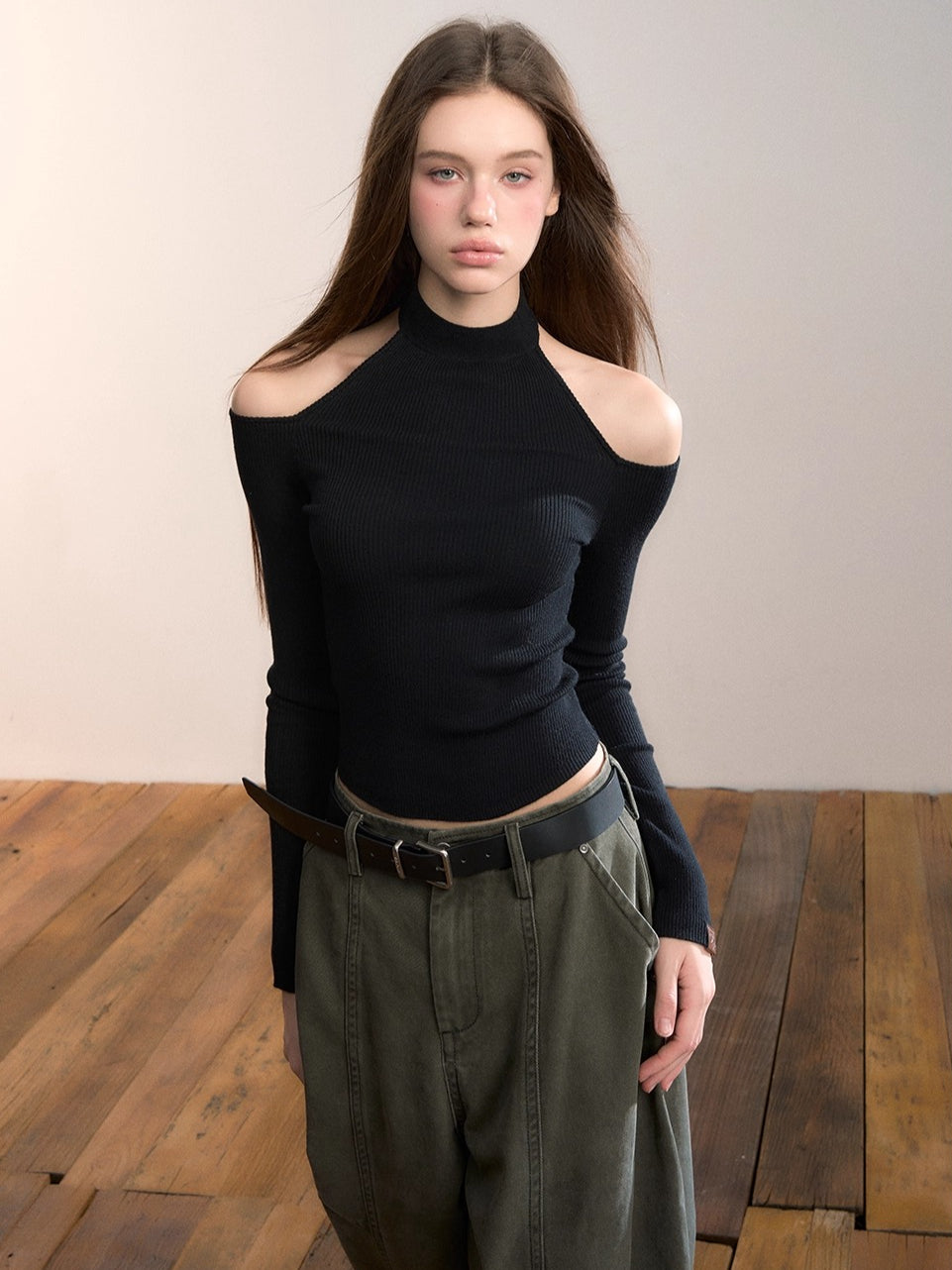 Reversible Cold-Shoulder Knit Turtleneck