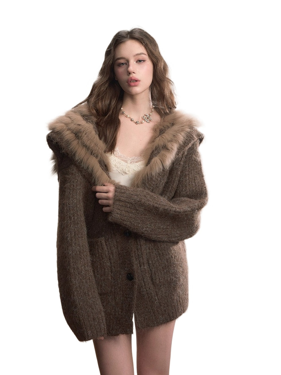 Fox Fur Collar Plush Knit Cardigan