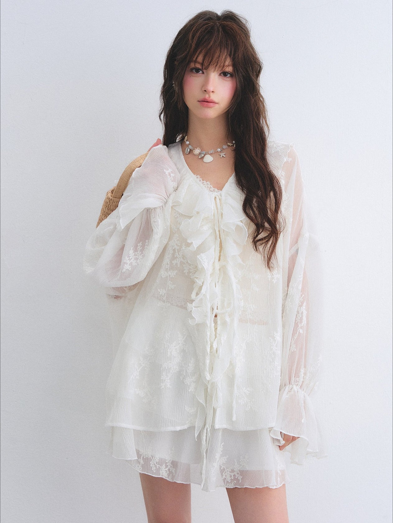 Embroidered Ruffle Chiffon Shirt &amp; Tiered Skirt Set