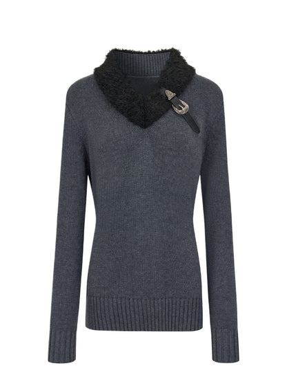 Slimming Wool Leather Panels Knit Sweater