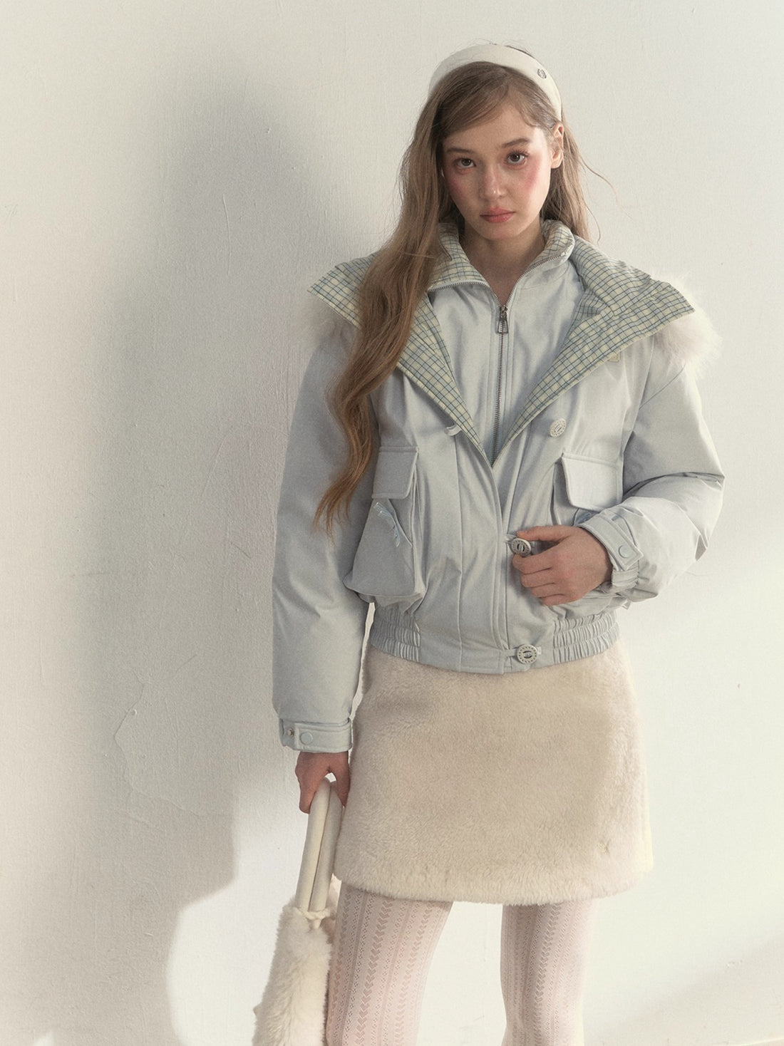 Glacier Blue &amp; Navy Plaid Panel Down Jacket