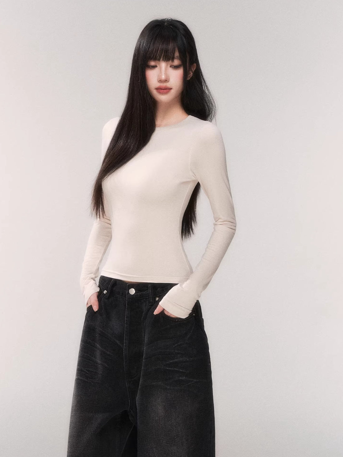 Waist-Cinching Long-Sleeve Crewneck Base Tee