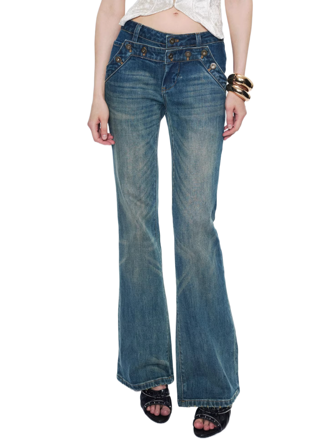 Retro Double-Waist Distressed Flared Denim Pants