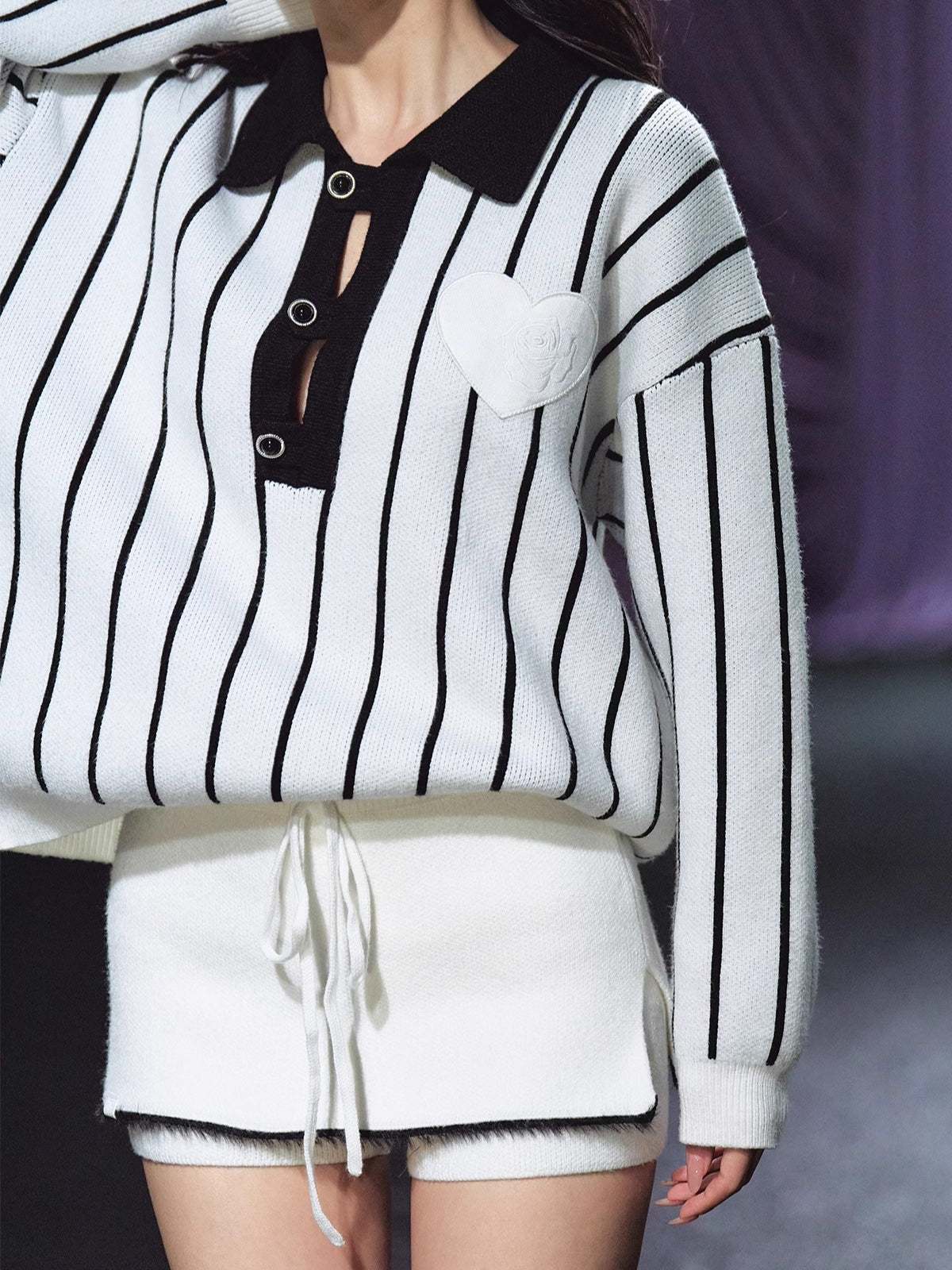 Striped Knit Polo T-Shirt &amp; Contrast Trim Skort Set