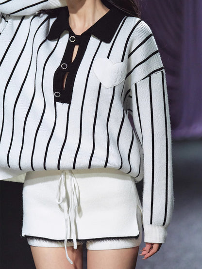 Striped Knit Polo T-Shirt &amp; Contrast Trim Skort Set