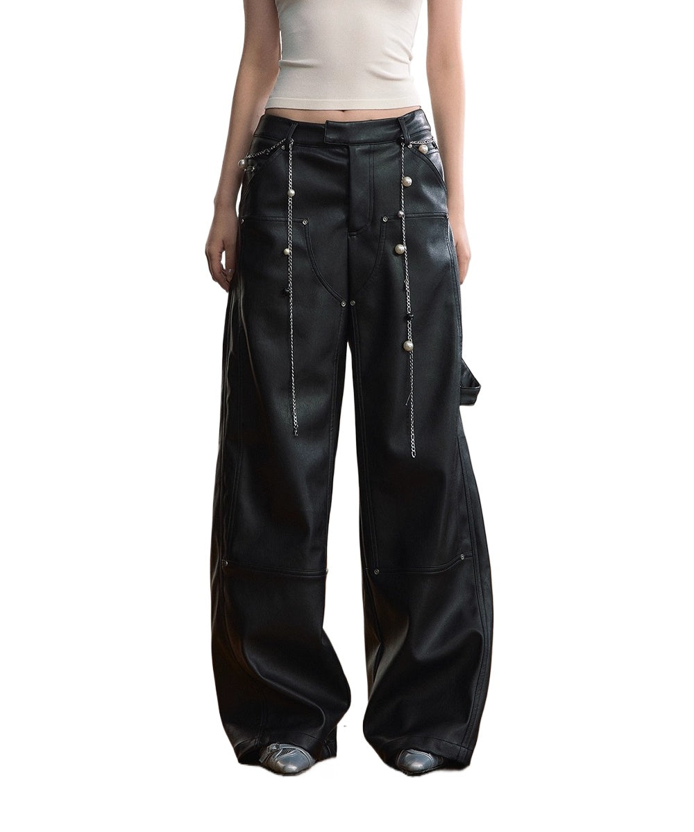 Gleam Rivet Strap PU Leather Pants