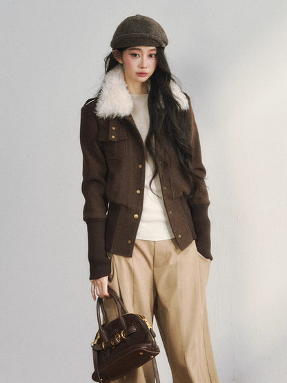 Vintage-Inspired Brown Fleece Lining Wool-Blend Jacket