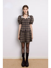 Peter Pan Collar Lace Plaid Bubble Sleeve Dress - CHINASQUAD