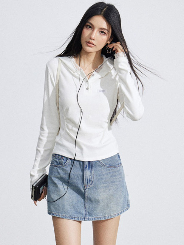 Lace Hooded Slim-Fit Long Sleeve T-Shirt