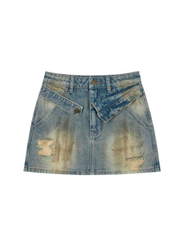 Denim Blue Distressed A-line Skirt