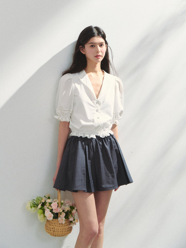 French-style V-neck Embroidered Shirt
